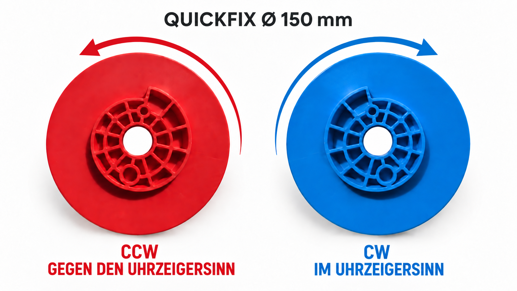Quickfix 150 mm: Rot gegen den Uhrzeigersinn, Blau im Uhrzeigersinn.